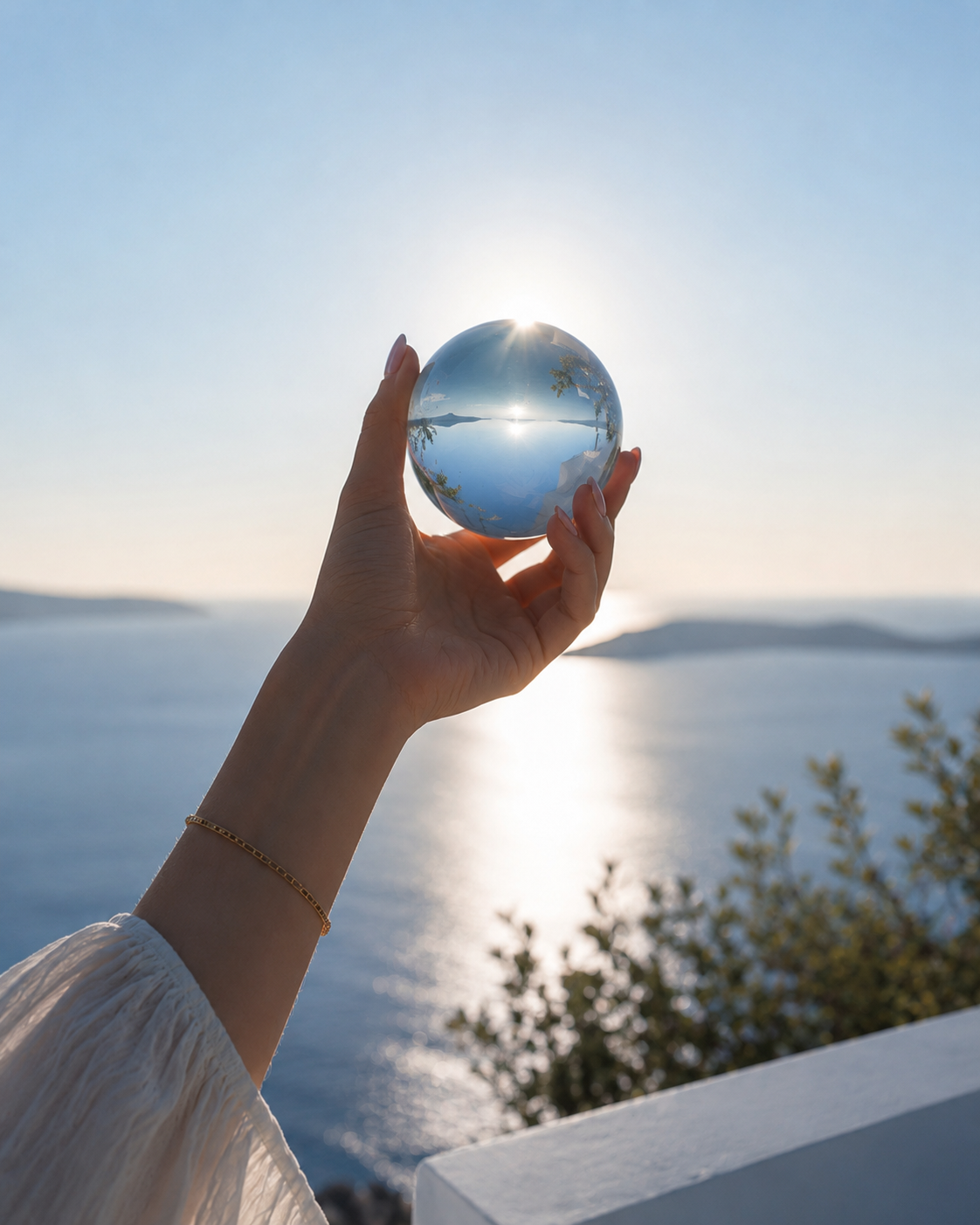 A hand holding a clear glass sphere against a sunlit sea and sky, with the sphere reflecting the horizon.
