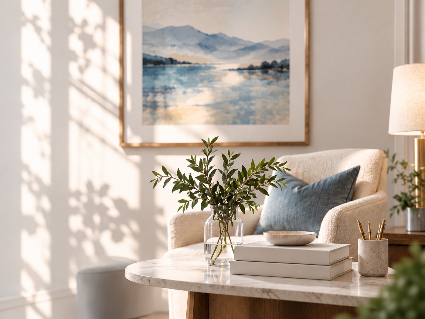 Bright, calm therapy office with a boucle chair, marble table, and greenery